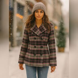 Victorias Secret PINK Peacoat Medium Hot Pink Grey Plaid Wool Blend Grunge Y2K